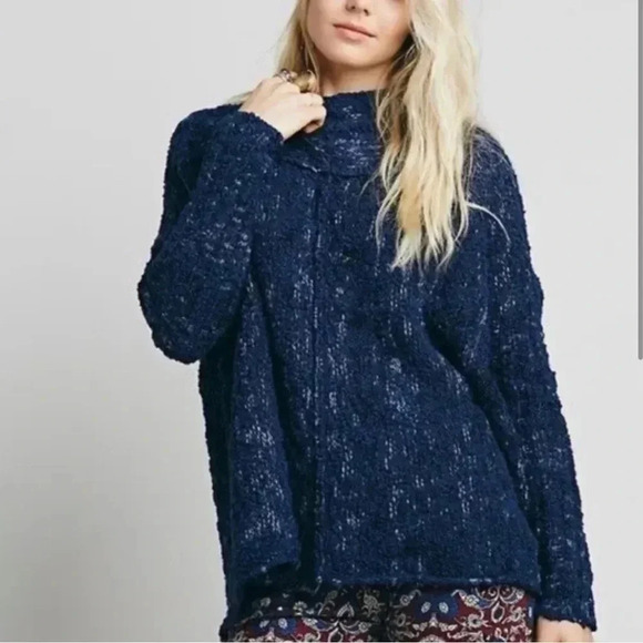 Free People Blue Boho High Neck Nightingale Pullover Sweater Size XS - Picture 3 of 8
